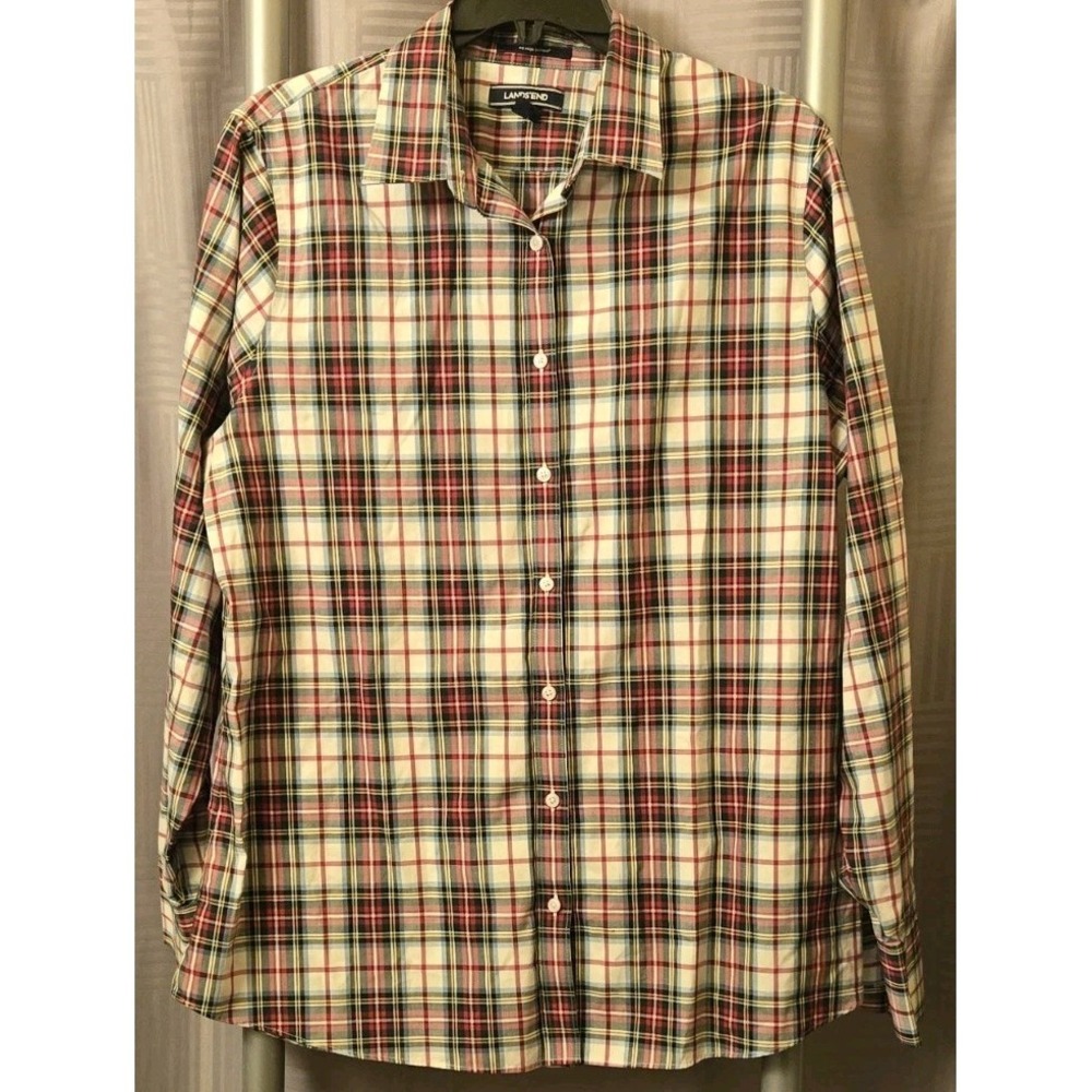 Lands End Plaid Cotton Tartan Plaid Shirt‎ Womens 14 Tall Red Green Button Down